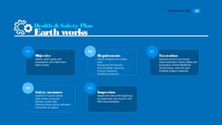 Health & Safety Plan 21
Objective
Define earth works and
excavations and make them
safe to enter.
01
Requirements
Define measures for safety
work
Recognise the hazards
Ensure safety measures
Ensure insections
Qualified personnel
02
Excavation
General permit to be issued
Hand excavation where cables are
Excavation shored &battered
Wood blocks, and end caps
Scaffold bridge if nesecary
03
Safety measures
Isolation of buried cables
Safe means of access
Barriers, guard rails
Warning lamps during darkness
Prevention of collpse
04
Inspection
Inspect the site at the beginning
by Supervisor and record in the
H&S documentation
05
Health & Safety Plan
Earth works
 