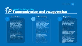 Health & Safety Plan 26
•Co-ordination meetings serve
to review the work progress and
advice all parties of situations
arising that may affect the
ongoing work, e.g. deliveries,
crane requirements, Permit-to-
Work orders issued and/or
cancelled, implications for/by
others, the restrictions or
actions to be taken after
inspections/near
misses/incidents. These co-
ordination meetings always
contain as topics “Safety” and
“Environment”.
•Participants (at least): General
Site Manager, supervisors, sub-
contractors’ representatives as
needed.
03
•Weekly Toolbox Talks / Safety
Meetings shall be performed for
information about special
subjects, instructions for special
reasons, repeated training and
especially for the intensive
communication in safety
matters of the daily work. Along
with this feedback and
suggestions/subjects from non-
managing personal is very
welcome. The results shall be
documented.
•Participants (minimum):
General Site Manager, HSE
Advisor Site, safety
representatives of the
Contractor partners/sub-
contractors incurred in the
respective construction phase,
others acc. to requirements.
04
•The Site Manager and all
supervisors are responsible for
checking if safety instructions
and environm. requirements
for their work are met.
•Subcontractors shall define
inspection program
implemented as minimum by
Supervisors, Safety
Practitioner
• An inspection program will be
released by the HSE Advisor
Site prior to working on site.
• Irregular intervals and on
special occasion’s site safety
checks. These shall be
performed monthly in average.
The results of the site
inspection shall be reported
preventive actions shall be
taken
05
Health & Safety Plan
Communication and co-operation
Co-ordination Safety meetings Inspections
 
