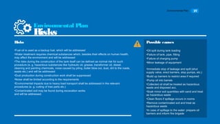 Environmental Plan 27
•Fuel oil is used as a backup fuel, which will be addressed
•Water treatment requires chemical substances which, besides their effects on human health,
may affect the environment and will be addressed
•The risks during the construction of the tank itself can be defined as normal risk for such
procedure (e. g. hazardous substances like hydraulic oil, grease, transformer oil, diesel,
cleaning and painting chemicals, noise caused by piling, boiler blow out, dust, dirt to the roads,
waste etc.) and will be addressed
•Dust production during construction work shall be suppressed
•Noise shall be limited according to the requirements
•Environmental impacts due to heavy load transport shall be addressed in the relevant
procedures (e. g. cutting of tree parts etc.)
•Contaminated soil may be found during excavation works
and will be addressed.
Risks
Environmental Plan
Risks
•Oil spill during tank loading
•Failure of tank, pipe, fitting
•Failure of charging pump
•Minor leakage of equipment
Possible causes
•Immediate stop of leakage and spill (shut
supply valve, erect barriers, stop pumps, etc.)
•Build up barriers to restrict area if required
•Pump oil into barrels
•Collected oil shall be treated as hazardous
waste and disposed acc.
•Soak minor soil quantities with sand and treat
as hazardous waste
•Clean floors if spillage occurs in rooms
•Remove contaminated soil and treat as
hazardous waste
•In case of spillage to the water: prepare oil
barriers and inform fire brigade
 