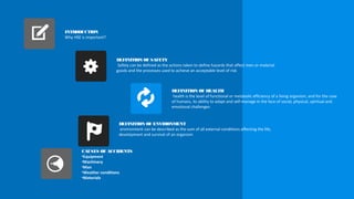 INTRODUCTION
Why HSE is important?
DEFINITION OF SAFETY
Safety can be defined as the actions taken to define hazards that affect men or material
goods and the processes used to achieve an acceptable level of risk
DEFINITION OF HEALTH
health is the level of functional or metabolic efficiency of a living organism, and for the case
of humans, its ability to adapt and self-manage in the face of social, physical, spiritual and
emotional challenges
DEFINITION OF ENVIRONMENT
environment can be described as the sum of all external conditions affecting the life,
development and survival of an organism
CAUSES OF ACCIDENTS
•Equipment
•Machinery
•Man
•Weather conditions
•Materials
 