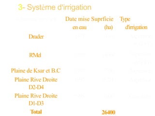 3- Système d'irrigation
a-Secteur irrigués
Drader

Date mise Suprficie Type
en eau
(ha)
d'irrigation
1978
1614
Aspersion
et G à G

R'Mel

1980

14064

Plaine de Ksar et B.C
Plaine Rive Droite
D2-D4
Plaine Rive Droite
D1-D3
Total

1990
1997

3700
5221

Aspersion
et G à G
Aspersion
Aspersion

1998

1800

Gravitaire

26400

 
