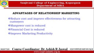 ADVANTAGES OF RELATIONSHIP MARKETING
Reduce cost and improve effectiveness for attracting
customers
Manpower cost is reduced
Financial Cost is reduced
Improve Marketing Productivity
 