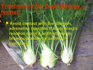 Treatments for Food Allergy --
fennel:
Avoid contact with the allergen,
adrenaline injection if anaphylactic
reaction occurs, antihistamines,
bronchodilators for asthmatic
symptoms
 