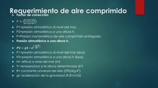 Requerimiento de aire comprimido
 Factor de corrección
 𝐹 = (
𝑝1∗ 𝑝+𝑝2
𝑝2∗ 𝑝+𝑝1
)
 P1=presión atmosférica al nivel del mar.
 P2=presión atmosférica a una altura h.
 P=Presión manométrica de aire comprimido entregado.
 Presión atmosférica a una altura h.
 𝑷𝟐 = 𝒑𝟏 ∗ 𝒆
−𝒈∗𝑯
𝑹𝑻
 P1=presión atmosférica al nivel del mar (kpa)
 P2=presión atmosférica a una altura h (kpa).
 H= altitud a nivel del mar (m)
 T= temperatura a la altura determinada (k°)
 R= constante universal del aire (290j/kg-k°)
 g= aceleración de la gravedad (9.81m/s2)
 