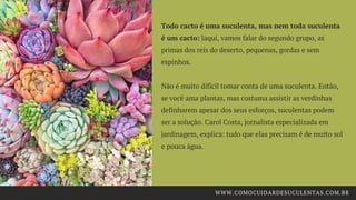 Todo cacto é uma suculenta, mas nem toda suculenta
é um cacto: Jaqui, vamos falar do segundo grupo, as
primas dos reis do deserto, pequenas, gordas e sem
espinhos.
Não é muito difícil tomar conta de uma suculenta. Então,
se você ama plantas, mas costuma assistir as verdinhas
definharem apesar dos seus esforços, suculentas podem
ser a solução. Carol Costa, jornalista especializada em
jardinagem, explica: tudo que elas precisam é de muito sol
e pouca água.
WWW.COMOCUIDARDESUCULENTAS.COM.BR
 
