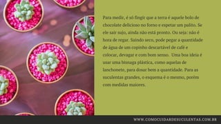 Para medir, é só fingir que a terra é aquele bolo de
chocolate delicioso no forno e espetar um palito. Se
ele sair sujo, ainda não está pronto. Ou seja: não é
hora de regar. Saindo seco, pode pegar a quantidade
de água de um copinho descartável de café e
colocar, devagar e com bom senso.  Uma boa ideia é
usar uma bisnaga plástica, como aquelas de
lanchonete, para dosar bem a quantidade. Para as
suculentas grandes, o esquema é o mesmo, porém
com medidas maiores.
WWW.COMOCUIDARDESUCULENTAS.COM.BR
 