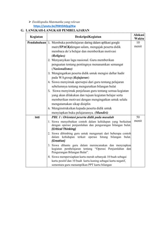  Ensiklopedia Matematika yang relevan
https://youtu.be/RWtDAQcg2Kw
G. LANGKAH-LANGKAH PEMBELAJARAN
Kegiatan DeskripsiKegiatan
Alokasi
Waktu
Pendahuluan 1. Membuka pembelajaran daring dalam aplikasi google
meet (TPACK)dengan salam, mengajak peserta didik
membaca do’a belajar dan memberikan motivasi
(Religius)
2. Menyanyikan lagu nasional. Guru memberikan
penguatan tentang pentingnya menanamkan semangat
(Nasionalisme)
3. Mengingatkan peserta didik untuk mengisi daftar hadir
pada WAgroup.(Kejujuran)
4. Siswa menyimak apersepsi dari guru tentang pelajaran
sebelumnya tentang mengurutkan bilangan bulat
5. Siswa menyimak penjelasan guru tentang semua kegiatan
yang akan dilakukan dan tujuan kegiatan belajar serta
memberikan motivasi dengan mengingatkan untuk selalu
mengutamakan sikap disiplin
6. Menginstruksikan kepada peserta didik untuk
menyiapkan buku pelajarannya. (Mandiri)
10
menit
nmknknlk Inti PBL 1 : Orientasi peserta didik pada masalah
1. Siswa menyebutkan contoh dalam kehidupan yang berkaitan
dengan operasi penjumlahan dan pengurangan bilangan bulat.
(Critical Thinking)
2. Siswa dibimbing guru untuk mengamati dari beberapa contoh
dalam kehidupan terkait operasi hitung bilangan bulat.
(Creative)
3. Siswa dibantu guru dalam merencanakan dan menyiapkan
kegiatan pembelajaran tentang “Operasi Penjumlahan dan
Pengurangan Bilangan Bulat”.
4. Siswa mempersiapkan kartu merah sebanyak 10 buah sebagai
kartu positif dan 10 buah kartu kuning sebagai kartu negatif,
sementara guru menampilkan PPT kartu bilangan
50
menit
 