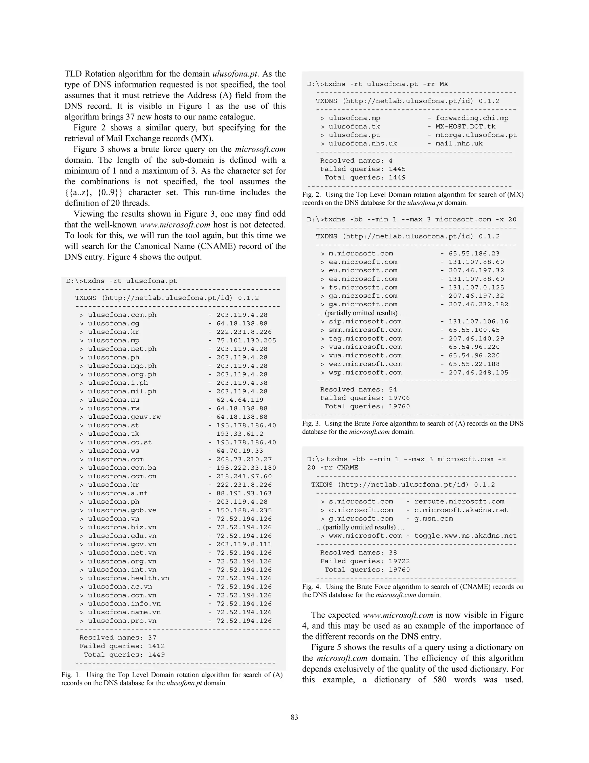 TLD Rotation algorithm for the domain ulusofona.pt. As the
type of DNS information requested is not specified, the tool                     D:>txdns -rt ulusofona.pt -rr MX
assumes that it must retrieve the Address (A) field from the                        -----------------------------------------------
                                                                                    TXDNS (http://netlab.ulusofona.pt/id) 0.1.2
DNS record. It is visible in Figure 1 as the use of this                            -----------------------------------------------
algorithm brings 37 new hosts to our name catalogue.                                  > ulusofona.mp                      - forwarding.chi.mp
   Figure 2 shows a similar query, but specifying for the                             > ulusofona.tk                      - MX-HOST.DOT.tk
                                                                                      > ulusofona.pt                      - mtorga.ulusofona.pt
retrieval of Mail Exchange records (MX).                                              > ulusofona.nhs.uk                  - mail.nhs.uk
   Figure 3 shows a brute force query on the microsoft.com                          ----------------------------------------------
domain. The length of the sub-domain is defined with a                                Resolved names: 4
minimum of 1 and a maximum of 3. As the character set for                             Failed queries: 1445
                                                                                       Total queries: 1449
the combinations is not specified, the tool assumes the                          ------------------------------------------------
{{a..z}, {0..9}} character set. This run-time includes the                     Fig. 2. Using the Top Level Domain rotation algorithm for search of (MX)
definition of 20 threads.                                                      records on the DNS database for the ulusofona.pt domain.
   Viewing the results shown in Figure 3, one may find odd
                                                                                D:>txdns -bb --min 1 --max 3 microsoft.com -x 20
that the well-known www.microsoft.com host is not detected.                         -----------------------------------------------
To look for this, we will run the tool again, but this time we                      TXDNS (http://netlab.ulusofona.pt/id) 0.1.2
will search for the Canonical Name (CNAME) record of the                            -----------------------------------------------
                                                                                      > m.microsoft.com                       - 65.55.186.23
DNS entry. Figure 4 shows the output.                                                 > ea.microsoft.com                      - 131.107.88.60
                                                                                      > eu.microsoft.com                      - 207.46.197.32
 D:>txdns -rt ulusofona.pt                                                           > ea.microsoft.com                      - 131.107.88.60
   ------------------------------------------------                                   > fs.microsoft.com                      - 131.107.0.125
   TXDNS (http://netlab.ulusofona.pt/id) 0.1.2                                        > ga.microsoft.com                      - 207.46.197.32
   ------------------------------------------------                                   > ga.microsoft.com                      - 207.46.232.182
    > ulusofona.com.ph            - 203.119.4.28                                     …(partially omitted results) …
    > ulusofona.cg                - 64.18.138.88                                      > sip.microsoft.com                     - 131.107.106.16
    > ulusofona.kr                - 222.231.8.226                                     > smm.microsoft.com                     - 65.55.100.45
    > ulusofona.mp                - 75.101.130.205                                    > tag.microsoft.com                     - 207.46.140.29
    > ulusofona.net.ph            - 203.119.4.28                                      > vua.microsoft.com                     - 65.54.96.220
    > ulusofona.ph                - 203.119.4.28                                      > vua.microsoft.com                     - 65.54.96.220
    > ulusofona.ngo.ph            - 203.119.4.28                                      > wer.microsoft.com                     - 65.55.22.188
    > ulusofona.org.ph            - 203.119.4.28                                      > wsp.microsoft.com                     - 207.46.248.105
    > ulusofona.i.ph              - 203.119.4.38                                    -----------------------------------------------
    > ulusofona.mil.ph            - 203.119.4.28                                      Resolved names: 54
    > ulusofona.nu                - 62.4.64.119                                       Failed queries: 19706
    > ulusofona.rw                - 64.18.138.88                                       Total queries: 19760
    > ulusofona.gouv.rw           - 64.18.138.88                                ------------------------------------------------
    > ulusofona.st                - 195.178.186.40                             Fig. 3. Using the Brute Force algorithm to search of (A) records on the DNS
    > ulusofona.tk                - 193.33.61.2                                database for the microsoft.com domain.
    > ulusofona.co.st             - 195.178.186.40
    > ulusofona.ws                - 64.70.19.33
    > ulusofona.com               - 208.73.210.27                                D:> txdns -bb --min 1 --max 3 microsoft.com -x
    > ulusofona.com.ba            - 195.222.33.180                               20 -rr CNAME
    > ulusofona.com.cn            - 218.241.97.60                                   -----------------------------------------------
    > ulusofona.kr                - 222.231.8.226                                 TXDNS (http://netlab.ulusofona.pt/id) 0.1.2
    > ulusofona.a.nf              - 88.191.93.163                                   -----------------------------------------------
    > ulusofona.ph                - 203.119.4.28                                     > s.microsoft.com             - reroute.microsoft.com
    > ulusofona.gob.ve            - 150.188.4.235                                    > c.microsoft.com             - c.microsoft.akadns.net
    > ulusofona.vn                - 72.52.194.126                                    > g.microsoft.com             - g.msn.com
    > ulusofona.biz.vn            - 72.52.194.126                                   …(partially omitted results) …
    > ulusofona.edu.vn            - 72.52.194.126                                    > www.microsoft.com - toggle.www.ms.akadns.net
    > ulusofona.gov.vn            - 203.119.8.111                                   -----------------------------------------------
    > ulusofona.net.vn            - 72.52.194.126                                    Resolved names: 38
    > ulusofona.org.vn            - 72.52.194.126                                    Failed queries: 19722
    > ulusofona.int.vn            - 72.52.194.126                                      Total queries: 19760
    > ulusofona.health.vn         - 72.52.194.126                                   -----------------------------------------------
    > ulusofona.ac.vn             - 72.52.194.126                              Fig. 4. Using the Brute Force algorithm to search of (CNAME) records on
    > ulusofona.com.vn            - 72.52.194.126                              the DNS database for the microsoft.com domain.
    > ulusofona.info.vn           - 72.52.194.126
    > ulusofona.name.vn           - 72.52.194.126
                                                                                  The expected www.microsoft.com is now visible in Figure
    > ulusofona.pro.vn            - 72.52.194.126
   ------------------------------------------------                            4, and this may be used as an example of the importance of
    Resolved names: 37                                                         the different records on the DNS entry.
    Failed queries: 1412                                                          Figure 5 shows the results of a query using a dictionary on
     Total queries: 1449
   -----------------------------------------------
                                                                               the microsoft.com domain. The efficiency of this algorithm
                                                                               depends exclusively of the quality of the used dictionary. For
Fig. 1. Using the Top Level Domain rotation algorithm for search of (A)
records on the DNS database for the ulusofona.pt domain.                       this example, a dictionary of 580 words was used.



                                                                          83
 