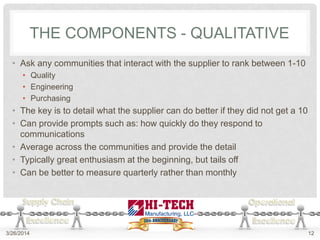 THE COMPONENTS - QUALITATIVE
• Ask any communities that interact with the supplier to rank between 1-10
• Quality
• Engineering
• Purchasing
• The key is to detail what the supplier can do better if they did not get a 10
• Can provide prompts such as: how quickly do they respond to
communications
• Average across the communities and provide the detail
• Typically great enthusiasm at the beginning, but tails off
• Can be better to measure quarterly rather than monthly
3/26/2014 12
 