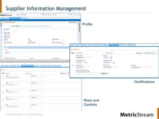 © 2013 MetricStream, Inc. All Rights Reserved.
Supplier Information Management
Profile
Certifications
Risks and
Controls
 