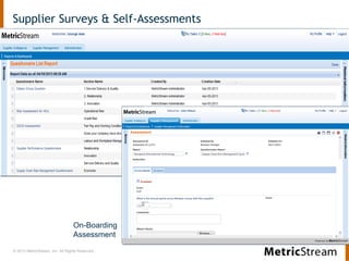 © 2013 MetricStream, Inc. All Rights Reserved.
Supplier Surveys & Self-Assessments
On-Boarding
Assessment
 