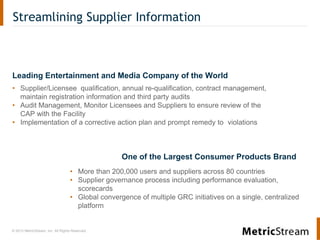 © 2013 MetricStream, Inc. All Rights Reserved.
Streamlining Supplier Information
Leading Entertainment and Media Company of the World
• Supplier/Licensee qualification, annual re-qualification, contract management,
maintain registration information and third party audits
• Audit Management, Monitor Licensees and Suppliers to ensure review of the
CAP with the Facility
• Implementation of a corrective action plan and prompt remedy to violations
• More than 200,000 users and suppliers across 80 countries
• Supplier governance process including performance evaluation,
scorecards
• Global convergence of multiple GRC initiatives on a single, centralized
platform
One of the Largest Consumer Products Brand
 