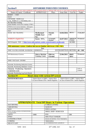 WPIF – M/01 20TH APRIL 2015 Rev - 07
Section9 OFFSHORE INDUSTRYCOURSES
Please enter below any other certificates held or courses done,ie offshore, DP certs etc or Any other not already mentioned
Name of Course / Certificate APPROVALS Place Issue Date Cert No Expiry
BOSIET / FOET
HUET
OFFSHORE MEDICALS
( UK, NORWAY or NETHERLAND )
Re-Breather training
Initial Standby vessel crews training ( ITSO )
CAA (Civil Aviation Authorities – Helicopter)
Advanced Medical Aider ( AMA )
HLO
BASIC H2S TRAINING McDermott
Middle East
Inc.
Sharjah,
UAE
16/04/2016 20131-1 17.04.2017
MARLIN’s English Test Score: 93% Sevastopol,
Ukraine
26/07/2011 20BB76CF9
F724543
Permanent
IELTS-English TEST http://www.ielts.org/test_centre_search/search_results.aspx SCORE
PMS maintenance system – Confirm that you are Familiar with its use ( YES / NO )
Yes
DEEP WATER ANCHOR HANDLING EXPERIENCE ENTER DEPTH IN METERS 40 – 100
DP Maintenance Courses Odessa Maritime
Training Centre
Odessa,
Ukraine
22/06/2011 0069/
2011
Permanent
HIGH VOLTAGE COURSE
Dynamic Positioning Induction Course
Dynamic Positioning Simulator Course
Dynamic Positioning Operators
CERTIFICATE
Full or
Limited
Dynamic Positioning Log book Details
Section10 Hours done with various DP system
SYSTEM DETAILS Approx Hours as SDPO / Approx Days
in case of Senior ETO / Senior Engineer
Approx Hours as DPO / Approx Days
in case of Junior ETO / Junior Engineer
APPROXIMATE Total DP Hours in Various Operations
SAT DIVING CABLE LAYING
AIR DIVING SURVEY
ROV PIPE LAYING
WELL STIMULATION/ INTERVENTION/
ACTIVATION
DRILL SHIP / SEMI SUB
AHTS 1000 PSV 200
FPSO SHUTTLE TANKER
CONSTRUCTION ROCK DUMPING / MATTRESSING
CORING TRENCHING
HEAVY LIFT ACCOMMODATION/ GANGWAY
 