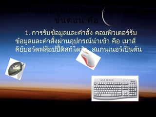 คอมพิวเตอร์มีหลักการทำางานอยู่ 4
ขั้นตอน คือ
1. การรับข้อมูลและคำาสั่ง คอมพิวเตอร์รับ
ข้อมูลและคำาสั่งผ่านอุปกรณ์นำาเข้า คือ เมาส์
  คีย์บอร์ดฟล็อปปี้ดิสก์ไดร์ว สแกนเนอร์เป็นต้น
 