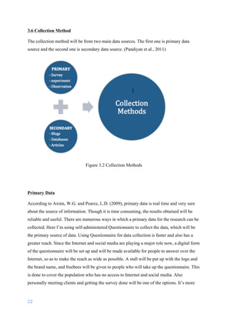22	
	
3.6 Collection Method
	
The collection method will be from two main data sources. The first one is primary data
source and the second one is secondary data source. (Pandiyan et al., 2011)
Figure 3.2 Collection Methods
Primary Data
	
According to Axinn, W.G. and Pearce, L.D. (2009), primary data is real time and very sure
about the source of information. Though it is time consuming, the results obtained will be
reliable and useful. There are numerous ways in which a primary data for the research can be
collected. Here I’m using self-administered Questionnaire to collect the data, which will be
the primary source of data. Using Questionnaire for data collection is faster and also has a
greater reach. Since the Internet and social media are playing a major role now, a digital form
of the questionnaire will be set up and will be made available for people to answer over the
Internet, so as to make the reach as wide as possible. A stall will be put up with the logo and
the brand name, and freebees will be given to people who will take up the questionnaire. This
is done to cover the population who has no access to Internet and social media. Also
personally meeting clients and getting the survey done will be one of the options. It’s more
 