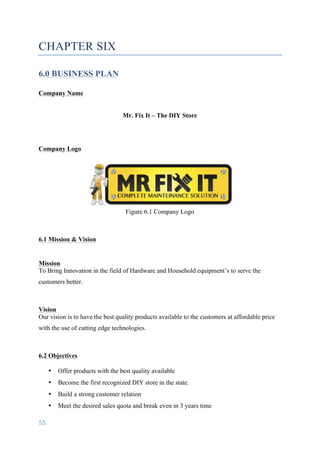 55	
	
CHAPTER SIX
6.0 BUSINESS PLAN
Company Name
Mr. Fix It – The DIY Store
Company Logo
Figure 6.1 Company Logo
6.1 Mission & Vision
Mission
To Bring Innovation in the field of Hardware and Household equipment’s to serve the
customers better.
Vision
Our vision is to have the best quality products available to the customers at affordable price
with the use of cutting edge technologies.
6.2 Objectives
	
• Offer products with the best quality available
• Become the first recognized DIY store in the state.
• Build a strong customer relation
• Meet the desired sales quota and break even in 3 years time
 