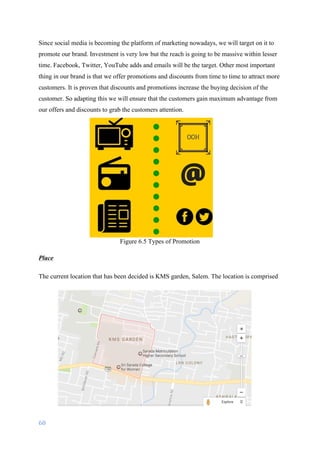 60	
	
Since social media is becoming the platform of marketing nowadays, we will target on it to
promote our brand. Investment is very low but the reach is going to be massive within lesser
time. Facebook, Twitter, YouTube adds and emails will be the target. Other most important
thing in our brand is that we offer promotions and discounts from time to time to attract more
customers. It is proven that discounts and promotions increase the buying decision of the
customer. So adapting this we will ensure that the customers gain maximum advantage from
our offers and discounts to grab the customers attention.
Figure 6.5 Types of Promotion
Place
The current location that has been decided is KMS garden, Salem. The location is comprised
 