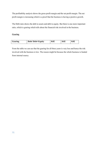 75	
	
The profitability analysis shows the gross profit margin and the net profit margin. The net
profit margin is increasing which is a proof that the business is having a positive growth.
The Debt ratio shows the debt to assets and debt to equity. But there is one more important
ratio, which is gearing which tells about the financial risk involved in the business.
Gearing
Gearing Debt/ Debt+Equity 0.02 0.02 0.02
From the table we can see that the gearing for all three years is very less and hence the risk
involved with the business is low. The reason might be because the whole business is funded
from internal source.
 
