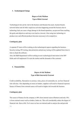 79	
	
3. Technological Change
Degree of risk Medium
Type of Risk External
Technological risk can be vital to the business and threaten the assets. System breach,
network failure and all other suspicious activities happening around the business due to
technology lack can cause a huge damage to the brand reputation, can prevent from reaching
the goals and objectives and may even lead to a lawsuit. Also using new technology to
produce new and efficient products becomes necessary to be competitive.
Contingency plan
A separate IT team will be working on the technological aspects regarding the business.
Security testing, PCI testing, data protection and privacy testing will be updated from time to
time to check the software.
Also, the R&D department will be working on new technological innovation in the DIY
fields and will implement if it suits the market and the demands of the customer
4. Financial Risk
Degree of risk Medium
Type of Risk Internal & External
Credit availability, fluctuation in currency value, prices of commodity etc. are how financial
risk will arise. Also depending on more on lenders, suppliers will result in financial exposure.
Source of finance from external source will result in higher risk towards the business.
Contingency plan
The source of finance for the company is 90% from internal source (Partners) and only 10%
is from external source such as lenders, banks etc. This will considerably reduce the degree of
financial risk. Here at Mr. Fix It store we have an internal audit to analyze the and provide
 