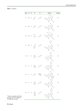 J IRAN CHEM SOC
1 3
Table 1  continued
8 CH3 H
Cl
O
O O
O
O
NH
CH3
Cl
4h
83
9 CH3 H
Br
O
O O
O
O
NH
CH3
Br
4i
86
10 CH3 H
Br
O
O O
O
O
NH
CH3
Br
4j
91
11 CH3 H
O
O O
O
O
NH
CH3
4k
81
12 H H
O
O O
NH
O
O
4l
92
13 H H
O
O
O O
NH
O
O
O
4m
82
14 H H
Br
3
CH3
CH
CH3
CH3 CH3
O
O O
NH
O
O
CH3
Br
CH3
4n
80
15 Cl H
O
O O
NH
O
O
Cl
4o
90
16 Cl Cl
NO2
O
O O
NH
O
O
Cl
NO2
Cl 4p
87
Entry R1
R2
R3
R4
Product Yield (%)a
a
  Refers to purified yield. Puri-
ties were >95 % according to
1
H NMR spectroscopy
 