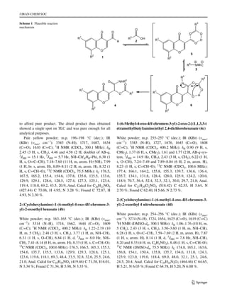 J IRAN CHEM SOC	
1 3
to afford pure product. The dried product thus obtained
showed a single spot on TLC and was pure enough for all
analytical purposes.
Pale yellow powder; m.p. 196–198 °C (dec.); IR
(KBr) (νmax, cm−1
): 3343 (N–H), 1717, 1687, 1634
(C=O), 1610 (C=C); 1
H NMR (CDCl3, 300.1 MHz): δH
2.45 (3 H, s, CH3), 4.46 and 4.58 (2 H, doublet of AB-q,
2
JHH = 15.1 Hz, 3
JHH = 5.7 Hz, NH–CHAHB–Ph), 6.38 (1
H, s, O=C–CH), 7.18–7.60 (11 H, m, arom. H+NH), 7.99
(1 H, br. s, arom. H), 8.09–8.11 (2 H, m, arom. H), 8.32 (1
H, s, C=CH–O); 13
C NMR (CDCl3, 75.5 MHz): δC 176.5,
167.5, 165.2, 155.4, 154.6, 137.8, 135.8, 135.5, 133.6,
129.9, 129.1, 128.6, 128.5, 127.4, 127.3, 125.1, 123.4,
119.4, 118.0, 69.2, 43.5, 20.9; Anal. Calcd for C26H21NO5
(427.44) C 73.06, H 4.95, N 3.28 %; Found C 72.87, H
4.93, N 3.30 %.
2‑(Cyclohexylamino)‑1‑(6‑methyl‑4‑oxo‑4H‑chromen‑3‑
yl)‑2‑oxoethyl benzoate (4b)
White powder; m.p. 163–165 °C (dec.); IR (KBr) (νmax,
cm−1
): 3314 (N–H), 1714, 1662, 1644 (C=O), 1609
(C=C); 1
H NMR (CDCl3, 400.2 MHz): δH 1.22–2.19 (10
H, m, 5 CH2), 2.48 (3 H, s, CH3), 3.77 (1 H, m, NH–CH),
6.31 (1 H, s, O–CH), 6.84 (1 H, d, 3
JHH = 8.0 Hz, NH–
CH), 7.41–8.14 (8 H, m, arom. H), 8.33 (1 H, s, C=CH–O);
13
C NMR (CDCl3, 100.6 MHz): 176.5, 166.5, 165.3, 155.3,
154.6, 135.7, 135.5, 133.6, 129.9, 129.3, 128.6, 125.1,
123.6, 119.6, 118.1, 69.3, 48.4, 33.5, 32.8, 32.6, 25.5, 24.6,
21.0; Anal. Calcd for C25H25NO5 (419.46) C 71.58, H 6.01,
N 3.34 %; Found C 71.34, H 5.98, N 3.33 %.
1‑(6‑Methyl‑4‑oxo‑4H‑chromen‑3‑yl)‑2‑oxo‑2‑[(1,1,3,3‑t
etramethylbutyl)amino]ethyl 2,4‑dichlorobenzoate (4c)
White powder; m.p. 255–257 °C (dec.); IR (KBr) (νmax,
cm−1
): 3385 (N–H), 1727, 1676, 1645 (C=O), 1608
(C=C); 1
H NMR (CDCl3, 400.2 MHz): δH 0.90 (9 H, s,
CMe3), 1.37 (6 H, s, CMe2), 1.61 and 1.77 (2 H, AB-q sys-
tem, 2
JHH = 14.9 Hz, CH2), 2.43 (3 H, s, CH3), 6.22 (1 H,
s, O–CH), 7.24–7.49 and 7.89–8.04 (6 H, 2 m, arom. H),
8.23 (1 H, s, C=CH–O); 13
C NMR (CDCl3, 100.6 MHz):
177.4, 166.1, 164.2, 155.8, 155.3, 139.7, 136.6, 136.4,
135.7, 134.1, 131.8, 128.4, 128.0, 125.9, 124.2, 120.0,
118.9, 70.7, 56.4, 52.4, 32.3, 32.1, 30.0, 29.7, 21.8; Anal.
Calcd for C27H29Cl2NO5 (518.42) C 62.55, H 5.64, N
2.70 %; Found C 62.40, H 5.66, N 2.73 %.
2‑(Cyclohexylamino)‑1‑(6‑methyl‑4‑oxo‑4H‑chromen‑3‑
yl)‑2‑oxoethyl 4 nitrobenzoate (4d)
White powder; m.p. 254–256 °C (dec.); IR (KBr) (νmax,
cm−1
): 3274 (N–H), 1724, 1654, 1625 (C=O), 1619 (C=C)
1
H NMR (DMSO-d6, 300.1 MHz): δH 1.06–1.76 (10 H, m,
5 CH2), 2.43 (3 H, s, CH3), 3.50–3.60 (1 H, m, NH–CH),
6.28 (1 H, s, O=C–CH), 7.59–7.69 (2 H, m, arom. H), 7.87
(1 H, s, arom. H), 8.14 (1 H, d, 3
JHH = 7.8 Hz, NH–CH),
8.20 and 8.33 (4 H, m, C6H4NO2), 8.48 (1 H, s, C=CH–O);
13
C NMR (DMSO-d6, 75.5 MHz): δC 174.8, 165.1, 163.6,
156.8, 154.1, 150.4, 135.8, 135.7, 134.6, 131.0, 124.3,
123.9, 123.0, 119.0, 118.4, 69.0, 48.0, 32.1, 25.1, 24.6,
24.5, 20.4; Anal. Calcd for C25H24N2O7 (464.46) C 64.65,
H 5.21, N 6.03 %; Found C 64.78, H 5.20, N 6.00 %.
Scheme 1  Plausible reaction
mechanism
R4
N C
R3
OH
O
O
O
O
H
O
O H
O
O
R3
N
R4
R3
NHR4
O
O R3
5
64
1
2
3
O
O
R1
R2
H
O
O
O
R1
R2
O
O
R1
R2
O
O
R1
R2
 