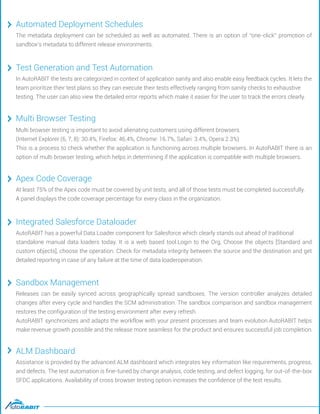 The metadata deployment can be scheduled as well as automated. There is an option of “one-click” promotion of
sandbox’s metadata to different release environments.
Automated Deployment Schedules
In AutoRABIT the tests are categorized in context of application sanity and also enable easy feedback cycles. It lets the
team prioritize their test plans so they can execute their tests effectively ranging from sanity checks to exhaustive
testing. The user can also view the detailed error reports which make it easier for the user to track the errors clearly.
Test Generation and Test Automation
Multi browser testing is important to avoid alienating customers using different browsers.
(Internet Explorer (6, 7, 8): 30.4%, Firefox: 46.4%, Chrome: 16.7%, Safari: 3.4%, Opera 2.3%)
This is a process to check whether the application is functioning across multiple browsers. In AutoRABIT there is an
option of multi browser testing, which helps in determining if the application is compatible with multiple browsers.
Multi Browser Testing
At least 75% of the Apex code must be covered by unit tests, and all of those tests must be completed successfully.
A panel displays the code coverage percentage for every class in the organization.
Apex Code Coverage
AutoRABIT has a powerful Data Loader component for Salesforce which clearly stands out ahead of traditional
standalone manual data loaders today. It is a web based tool.Login to the Org, Choose the objects [Standard and
custom objects], choose the operation. Check for metadata integrity between the source and the destination and get
detailed reporting in case of any failure at the time of data loaderoperation.
Integrated Salesforce Dataloader
Releases can be easily synced across geographically spread sandboxes. The version controller analyzes detailed
changes after every cycle and handles the SCM administration. The sandbox comparison and sandbox management
restores the conﬁguration of the testing environment after every refresh.
AutoRABIT synchronizes and adapts the workflow with your present processes and team evolution.AutoRABIT helps
make revenue growth possible and the release more seamless for the product and ensures successful job completion.
Sandbox Management
Assistance is provided by the advanced ALM dashboard which integrates key information like requirements, progress,
and defects. The test automation is ﬁne-tuned by change analysis, code testing, and defect logging, for out-of-the-box
SFDC applications. Availability of cross browser testing option increases the conﬁdence of the test results.
ALM Dashboard
 