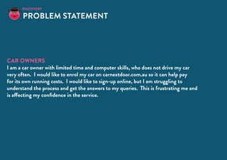 CAR OWNERS
I am a car owner with limited time and computer skills, who does not drive my car
very often. I would like to enrol my car on carnextdoor.com.au so it can help pay
for its own running costs. I would like to sign-up online, but I am struggling to
understand the process and get the answers to my queries. This is frustrating me and
is affecting my confidence in the service.
Problem Statement
discovery
 