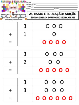 Escola: ____________________________________________________
Professor (a): _______________________________________________
Aluno (a): __________________________________________________
Série: __________________________ Turma: ____________________
AUTISMO E EDUCAÇÃO: ADIÇÃO
SIMONE HELEN DRUMOND ISCHKANIAN
3 O O O
+ 2 O O
= O O O O O
3 O O O
+ 3 O O O
= O O O O O O
3 O O O
+ 1 O
= O O O O
 