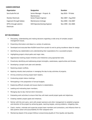 CAREER CONTOUR
KEY DELIVERABLES
 Discussing, understanding and making decisions regarding a wide array of complex project
management issues.
 Presenting information and ideas to a variety of audiences.
 Developed and executed New RUOSH brand from scratch to end to giving excellence ideas for design.
 Identifying key stakeholders and understanding their expectations for a successful project.
 Highlighting project critical paths and major risks.
 Aggressively tracking project timelines and milestones using appropriate tools.
 Proactively identifying and addressing project strengths, weaknesses, opportunities and threats.
 Developing a project work plan and calendar.
 Resolving project conflicts.
 Applying industry best practices in managing the day-to-day activities of projects.
 Driving consensus among project team leaders.
 Conducting project status meetings.
 Participating in the preparation of annual budgets.
 Explaining difficult concepts and issues clearly to stakeholders.
 Leading and motivating team members.
 Managing day-to-day internal client interaction.
 Evaluating work activities to ensure that they will meet overall project goals and objectives.
 Creating realistic project goals and initiatives.
 Partner with the end users, work with project sponsors and other management to establish progress
and direction of the project by achieving goals, reaching targets, solving problems, mitigating risks.
 Coach, mentor, motivate and supervise project team members and contractors, and influence them to
take positive action and accountability for their assigned work
 Maintaining Speed of the project Without compromising Quality & Time Quality and Quantity
Organization Designation Duration
Sara Suole Pvt Ltd Senior Manager – Projects &
Maintenance
Sep 2010 – Till date
Shankar Electricals Senior Project Engineer Mar 2007 – Aug 2010
Cognizant through Sodexo Maintenance Incharge Nov 2004 – Feb 2007
KPTCL through Lakshmi
Electricals
Shift Operator/testing Engineer Nov 1999 – Oct 2004
 
