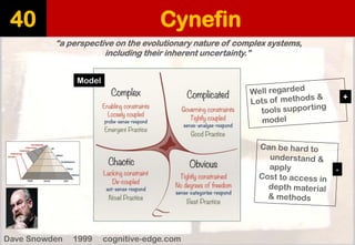 Cynefin 
40 
“a perspective on the evolutionary nature of complex systems, 
including their inherent uncertainty.” 
Dave Snowden 1999 cognitive-edge.com 
Model 
+ 
-  