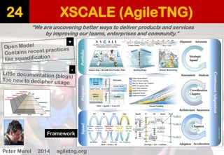 XSCALE (AgileTNG) 
24 
“We are uncovering better ways to deliver products and services 
by improving our teams, enterprises and community.” 
Peter Merel2014 agiletng.org 
+ 
- 
Framework  
