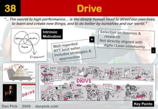 Drive 
38 
“…The secret to high performance… is the deeply human need to direct our own lives, to learn and create new things, and to do better by ourselves and our world.” 
Dan Pink 2009 danpink.com 
Key Points 
Intrinsic 
Motivation 
+ 
-  
