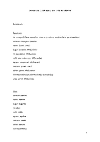 5
ΠΡΟΣΘΕΤΕΣ ΑΣΚΗΣΕΙΣ ΕΠΙ ΤΟΥ ΚΕΙΜΕΝΟΥ
Άσκηση I.
Εκφώνηση
Να μεταφερθούν οι παρακάτω τύποι στις πτώσεις που ζητούνται για τον καθένα:
senatum: αφαιρετική ενικού
nemo: δοτική ενικού
augur: αιτιατική πληθυντικού
re: αφαιρετική πληθυντικού
mihi: ιδια πτώση στον άλλο αριθμό
agmen: ονομαστική πληθυντικού
mortem: γενική ενικού
senex: γενική πληθυντικού
infirmo: αιτιατική πληθυντικού του ίδιου γένους
urbs: γενική πληθυντικού
Λύση
senatum: senatu
nemo: nemini
augur: augures
re:rebus
mihi: nobis
agmen: agmina
mortem: mortis
senex: senum
infirmo: infirma
 