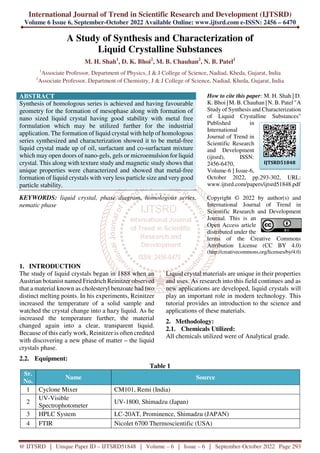 International Journal of Trend in Scientific Research and Development (IJTSRD)
Volume 6 Issue 6, September-October 2022 Available Online: www.ijtsrd.com e-ISSN: 2456 – 6470
@ IJTSRD | Unique Paper ID – IJTSRD51848 | Volume – 6 | Issue – 6 | September-October 2022 Page 293
A Study of Synthesis and Characterization of
Liquid Crystalline Substances
M. H. Shah1
, D. K. Bhoi2
, M. B. Chauhan2
, N. B. Patel1
1
Associate Professor, Department of Physics, J & J College of Science, Nadiad, Kheda, Gujarat, India
2
Associate Professor, Department of Chemistry, J & J College of Science, Nadiad, Kheda, Gujarat, India
ABSTRACT
Synthesis of homologous series is achieved and having favourable
geometry for the formation of mesophase along with formation of
nano sized liquid crystal having good stability with metal free
formulation which may be utilized further for the industrial
application. The formation of liquid crystal with help of homologous
series synthesized and characterization showed it to be metal-free
liquid crystal made up of oil, surfactant and co-surfactant mixture
which may open doors of nano-gels, gels or microemulsion for liquid
crystal. This along with texture study and magnetic study shows that
unique properties were characterized and showed that metal-free
formation of liquid crystals with very less particle size and very good
particle stability.
KEYWORDS: liquid crystal, phase diagram, homologous series,
nematic phase
How to cite this paper: M. H. Shah | D.
K. Bhoi | M. B. Chauhan | N. B. Patel "A
Study of Synthesis and Characterization
of Liquid Crystalline Substances"
Published in
International
Journal of Trend in
Scientific Research
and Development
(ijtsrd), ISSN:
2456-6470,
Volume-6 | Issue-6,
October 2022, pp.293-302, URL:
www.ijtsrd.com/papers/ijtsrd51848.pdf
Copyright © 2022 by author(s) and
International Journal of Trend in
Scientific Research and Development
Journal. This is an
Open Access article
distributed under the
terms of the Creative Commons
Attribution License (CC BY 4.0)
(http://creativecommons.org/licenses/by/4.0)
1. INTRODUCTION
The study of liquid crystals began in 1888 when an
Austrian botanist named Friedrich Reinitzer observed
that a material known as cholesteryl benzoate had two
distinct melting points. In his experiments, Reinitzer
increased the temperature of a solid sample and
watched the crystal change into a hazy liquid. As he
increased the temperature further, the material
changed again into a clear, transparent liquid.
Because of this early work, Reinitzer is often credited
with discovering a new phase of matter – the liquid
crystals phase.
Liquid crystal materials are unique in their properties
and uses. As research into this field continues and as
new applications are developed, liquid crystals will
play an important role in modern technology. This
tutorial provides an introduction to the science and
applications of these materials.
2. Methodology:
2.1. Chemicals Utilized:
All chemicals utilized were of Analytical grade.
2.2. Equipment:
Table 1
Sr.
No.
Name Source
1 Cyclone Mixer CM101, Remi (India)
2
UV-Visible
Spectrophotometer
UV-1800, Shimadzu (Japan)
3 HPLC System LC-20AT, Prominence, Shimadzu (JAPAN)
4 FTIR Nicolet 6700 Thermoscientific (USA)
IJTSRD51848
 
