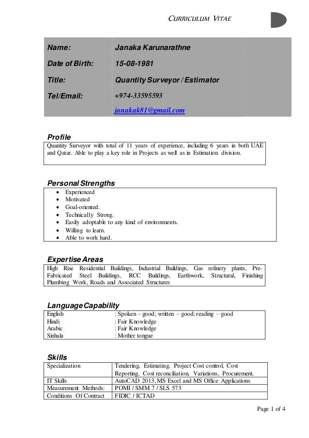 cv qs 11 year exp janaka kumara 18 may 2015 qs cv