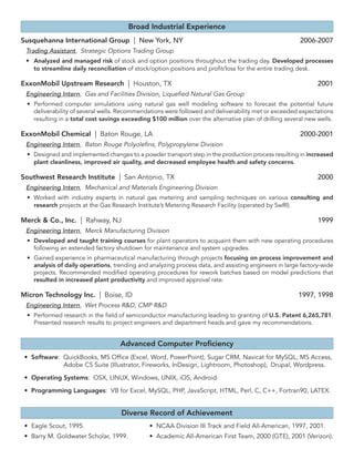 Susquehanna International Group | New York, NY	 2006-2007
Trading Assistant, Strategic Options Trading Group
•	 Analyzed and managed risk of stock and option positions throughout the trading day. Developed processes
to streamline daily reconciliation of stock/option positions and profit/loss for the entire trading desk.
ExxonMobil Upstream Research | Houston, TX	 2001
Engineering Intern, Gas and Facilities Division, Liquefied Natural Gas Group
•	 Performed computer simulations using natural gas well modeling software to forecast the potential future
deliverability of several wells. Recommendations were followed and deliverability met or exceeded expectations
resulting in a total cost savings exceeding $100 million over the alternative plan of drilling several new wells.
ExxonMobil Chemical | Baton Rouge, LA	 2000-2001
Engineering Intern, Baton Rouge Polyolefins, Polypropylene Division
•	 Designed and implemented changes to a powder transport step in the production process resulting in increased
plant cleanliness, improved air quality, and decreased employee health and safety concerns.
Southwest Research Institute | San Antonio, TX	 2000
Engineering Intern, Mechanical and Materials Engineering Division
•	 Worked with industry experts in natural gas metering and sampling techniques on various consulting and
research projects at the Gas Research Institute’s Metering Research Facility (operated by SwRI).
Merck & Co., Inc. | Rahway, NJ	 1999
Engineering Intern, Merck Manufacturing Division
•	 Developed and taught training courses for plant operators to acquaint them with new operating procedures
following an extended factory shutdown for maintenance and system upgrades.
•	 Gained experience in pharmaceutical manufacturing through projects focusing on process improvement and
analysis of daily operations, trending and analyzing process data, and assisting engineers in large factory-wide
projects. Recommended modified operating procedures for rework batches based on model predictions that
resulted in increased plant productivity and improved approval rate.
Micron Technology Inc. | Boise, ID	 1997, 1998
Engineering Intern, Wet Process R&D, CMP R&D
•	 Performed research in the field of semiconductor manufacturing leading to granting of U.S. Patent 6,265,781.
Presented research results to project engineers and department heads and gave my recommendations.
Broad Industrial Experience
•	 Software: QuickBooks, MS Office (Excel, Word, PowerPoint), Sugar CRM, Navicat for MySQL, MS Access, 	
	 Adobe CS Suite (Illustrator, Fireworks, InDesign, Lightroom, Photoshop),	 Drupal, Wordpress.
•	 Operating Systems: OSX, LINUX, Windows, UNIX, iOS, Android.
•	 Programming Languages: VB for Excel, MySQL, PHP, JavaScript, HTML, Perl, C, C++, Fortran90, LATEX.
Diverse Record of Achievement
Advanced Computer Proficiency
•	 Eagle Scout, 1995.
•	 Barry M. Goldwater Scholar, 1999.
•	 NCAA Division III Track and Field All-American, 1997, 2001.
•	 Academic All-American First Team, 2000 (GTE), 2001 (Verizon).
 