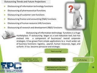 18
 Outsourcing of information technology functions
 Outsourcing of pharmaceutical functions
 Outsourcing of customer care functions
 Outsourcing finance and accounting (F&A) functions
 Outsourcing of human resource (HR) functions
 Outsourcing of research and development (R&D) functions
Outsourcing Trends and Future Projections
Outsourcing of information technology functions is a huge
marketplace. IT outsourcing began as a cost-reduction tool, but has
evolved into a component of businesses’ overall corporate
strategies. It has grown from simple applications to a much wider set
of business functions: logistics, payroll, human resources, legal, and
so forth. It has become pervasive and strategic.
“Back-sourcing”
IT off-shoring
Web-based and e-business
outsourcing partnerships
Application service
provider (ASP) industry
GrowthAreas in
IT Outsourcing
 