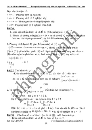 GV: TRẦN THANH PHONG Khai giảng lớp mới hàng năm vào ngày 30/6 77 Nơ Trang Gưh - bmt
Dựa vào đồ thị ta có:
+ 2m :< − Phương trình vụ nghiệm;
+ 2m := − Phương trình có 2 nghiệm kép;
+ 2 0m :− < < Phương trình có 4 nghiệm phân biệt;
+ 0m :≥ Phương trình có 2 nghiệm phân biệt.
Bài 36.
1. khảo sát sự biến thiên và vẽ đồ thị ( C) của hàm số: 2
32
−
+
=
x
x
y
2. Tìm m để đường thẳng (d): y = 2x + m cắt đồ thị (C ) tại hai điểm phân
biệt sao cho tiếp tuyến của (C ) tại hai điểm đó song song với nhau.
Giải.
2. Phương trình hoành độ giao điểm của (d) và (C) là:
032)6(22
2
32 2
=−−−+⇔+=
−
+
mxmxmx
x
x
(x = 2 không là nghiệm của p trình)
(d) cắt (C ) tại hai điểm phân biệt mà tiếp tuyến tại đó song song với nhau ⇔
(1) có hai nghiệm phân biệt x1; x2 thoả mãn: y’(x1) = y’(x2) hay x1+x2= 4
2
4
2
6
0)32(8)6( 2
−=⇔





=
−
>++−=∆
⇔ mm
mm
Bài 37. Cho hàm số : 3
3y x m x( – ) –= (1)
1) Khảo sát sự biến thiên và vẽ đồ thị (C) của hàm số (1) khi m = 1.
2) Tìm k để hệ bất phương trình sau có nghiệm:
3
2 3
2 2
1 3 0
1 1
log log ( 1) 1
2 3
 − − − <


+ − ≤

x x k
x x
Giải.
2. Ta có :
x k
x x
3
2 3
2 2
3 3x 0 (1)
1 1
log log ( 1) 1 (2)
2 3
 − − − <


+ − ≤

. Điều kiện (2) có nghĩa: x > 1.
Từ (2) ⇔ x(x – 1)≤ 2 ⇔ 1 < x ≤ 2.
Hệ PT có nghiệm ⇔ (1) có nghiệm thoả 1 < x ≤ 2
⇔
x k x k
x x
3 3
( 1) 3x 0 ( 1) 3x <
1 2 1 2
 − − − < − −
⇔ 
< ≤ < ≤ 
Đặt: f(x) = (x – 1)3
– 3x và g(x) = k (d). Dựa vào đồ thị (C) ⇒ (1) có
nghiệm x ∈(1;2] ⇔ (1;2
min ( ) (2) 5k f x f

≥ = = − . Vậy hệ có nghiệm ⇔ k > – 5
Bài 38. Cho hàm số 3 2
2 3( 1) 2y x mx m x= + + − + (1), m là tham số thực
1. Khảo sát sự biến thiên và vẽ đồ thị hàm số khi 0m = .
Tel: 0927.244.963 www.facebook.com/phongmath.bmt
19
 