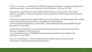 27
Cusick, A., Johnson, L. and Bissett, M. (2009) ‘Occupational therapy in emergency departments:
Australian practice’, Journal of Evaluation in Clinical Practice, 15(2), pp.257-265.
Great Britain. Department of Health (2001) National Service Framework for older people
[Online]. Available at: http://www.apllg.eu/resources/NSF+for+Older+People.pdf. (Accessed:
12 June 2014).
Great Britain. Department of Health (2007) Urgent care pathways for older people with complex
needs: best practice guidance [Online]. Available at: http://www.em-
online.com/download/medical_article/36261_Older%20People%20Complex%20Needs.pdf.
(Accessed: 12 June 2014).
Health and Care Professions Council (2012) Standards of conduct, performance and ethics
[Online]. Available at: http://www.hpc-
uk.org/assets/documents/10003B6EStandardsofconduct,performanceandethics.pdf.
(Accessed: 15 June 2014).
Jones, D. and Whitaker, T. (2011) ‘Preventing falls in older people: assessment and
interventions’, Nursing Standard, 25(52), pp.50-55.
 