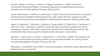 28
Law, M., Cooper, B,. Strong, S., Stewart, D., Rigby, P. and Letts, L. (1996) ‘The Person-
Environment-Occupation Model: a transactive approach to occupational performance’,
Canadian Journal of Occupational Therapy, 63(1), pp.9-23.
Lee, D., McDermott, F., Hoffman, T. and Haines, T. (2013) ‘They will tell me if there is a problem’:
limited discussion between health professionals, older adults and their caregivers on falls
prevention during and after hospitalization’, Health Education Research, 28(6), pp.1051-1066.
Logan, P., Coupland, C., Gladman, J., Sahoto, O., Stoner-Hobbs, V., Robertson, K., Tomlinson, V.,
Ward, M., Sach, T. and Avery, A. (2010) ‘Community falls prevention for people who call an
emergency ambulance after a fall: randomised controlled trial’, British Medical Journal, 340.
[Online] DOI: http://dx.doi.org/10.1136/bmj.c2102. (Accessed: 13 June 2014).
Maclean, F., Carin-Levy, G., Hunter, H., Malcolmson, L. and Locke, E. (2012) ‘The usefulness of
the Person-Environment-Occupation Model in an acute physical health care setting’, British
Journal of Occupational Therapy, 75(12), pp.555-562.
Mahoney, F.I. and Barthel, D.W. (1965) ‘Functional evaluation: the Barthel Index’, Maryland State
Medical Journal, 14, pp.61-65.
 