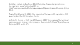 30
Social Care Institute for Excellence (2013) Maximising the potential of reablement:
the importance of goal-setting. Available at:
http://www.scie.org.uk/publications/guides/guide49/goalsetting.asp. (Accessed: 15 June
2014).
Turpin, M. and Iwama, M. (2011) Using occupational therapy models in practice: a field
guide. London: Churchill Livingstone Elsevier.
Veillette, N., Demers, L., Dutil, E. and McCusker, J. (2009) ‘Item analysis of the functional
status assessment of seniors in the emergency department’, Archives of Gerontology and
Geriatrics, 31(7), pp.564-572.
 