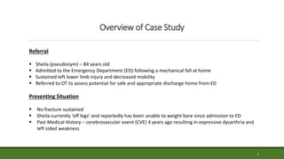 5
Overview of Case Study
Referral
 Sheila (pseudonym) – 84 years old
 Admitted to the Emergency Department (ED) following a mechanical fall at home
 Sustained left lower limb injury and decreased mobility
 Referred to OT to assess potential for safe and appropriate discharge home from ED
Presenting Situation
 No fracture sustained
 Sheila currently ‘off legs’ and reportedly has been unable to weight bare since admission to ED
 Past Medical History – cerebrovascular event (CVE) 4 years ago resulting in expressive dysarthria and
left sided weakness
 