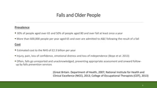 Falls and Older People
Prevalence
 30% of people aged over 65 and 50% of people aged 80 and over fall at least once a year
 More than 600,000 people per year aged 65 and over are admitted to A&E following the result of a fall
Cost
 Estimated cost to the NHS of £2.3 billion per year
 Injury, pain, loss of confidence, emotional distress and loss of independence (Boye et al. 2013)
 Often, falls go unreported and unacknowledged, preventing appropriate assessment and onward follow-
up by falls prevention services
6
(Great Britain. Department of Health, 2007; National Institute for Health and
Clinical Excellence (NICE), 2013; College of Occupational Therapists (COT), 2013)
 