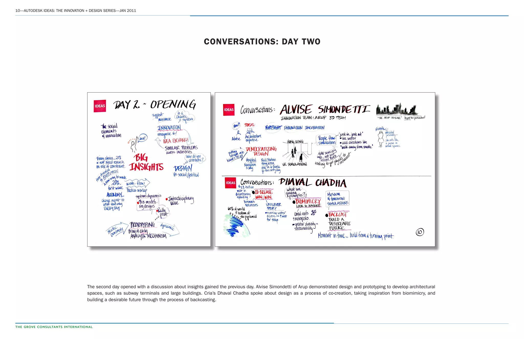 10­—AUTODESK IDEAS: THE INNOVATION + DESIGN SERIES—JAN 2011
CONVERSATIONS: DAY TWO
The second day opened with a discussion about insights gained the previous day. Alvise Simondetti of Arup demonstrated design and prototyping to develop architectural
spaces, such as subway terminals and large buildings. Cria’s Dhaval Chadha spoke about design as a process of co-creation, taking inspiration from biomimicry, and
building a desirable future through the process of backcasting.
 