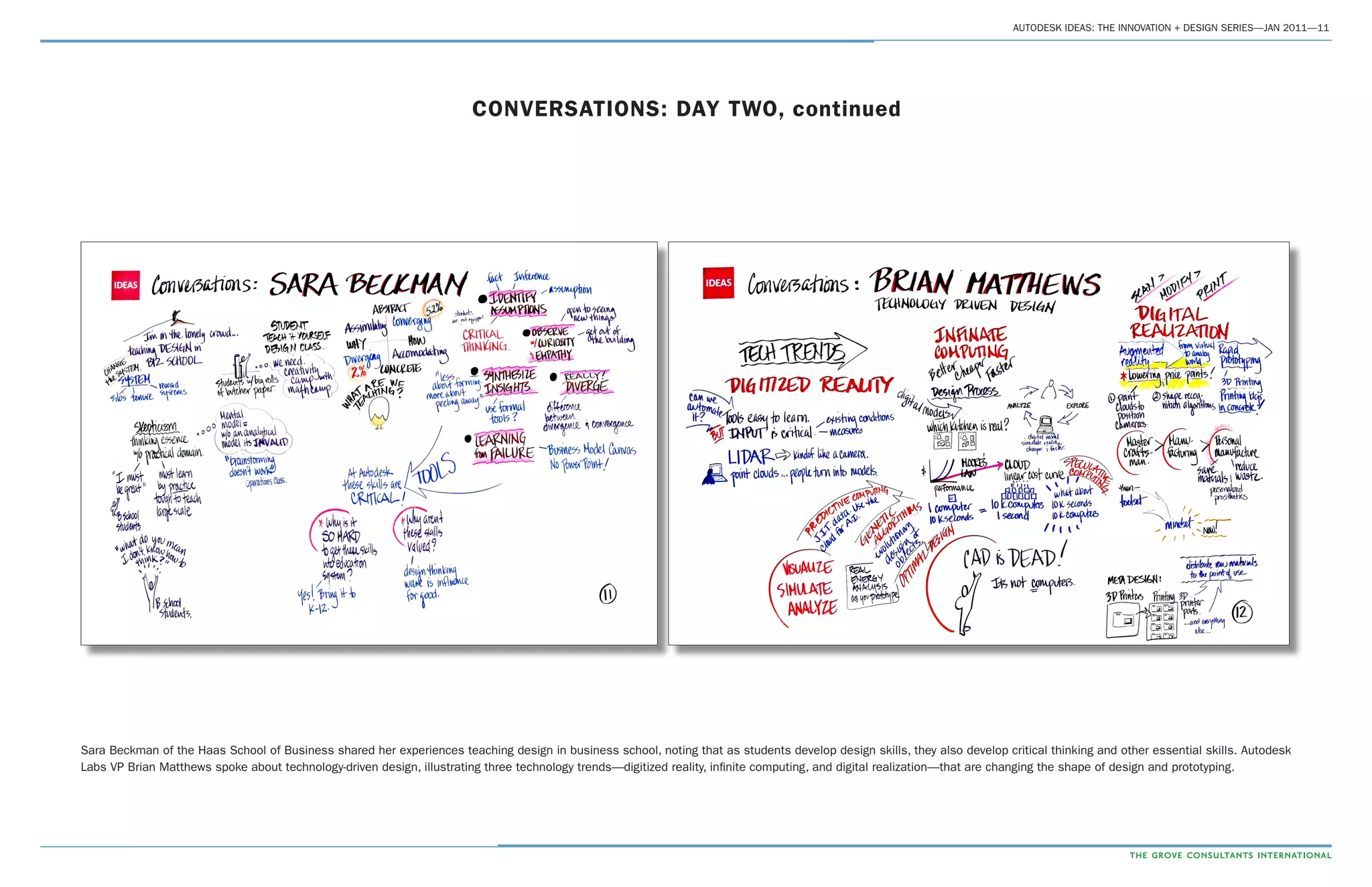 AUTODESK IDEAS: THE INNOVATION + DESIGN SERIES—JAN 2011—11
CONVERSATIONS: DAY TWO, continued
Sara Beckman of the Haas School of Business shared her experiences teaching design in business school, noting that as students develop design skills, they also develop critical thinking and other essential skills. Autodesk
Labs VP Brian Matthews spoke about technology-driven design, illustrating three technology trends—digitized reality, infinite computing, and digital realization—that are changing the shape of design and prototyping.
 