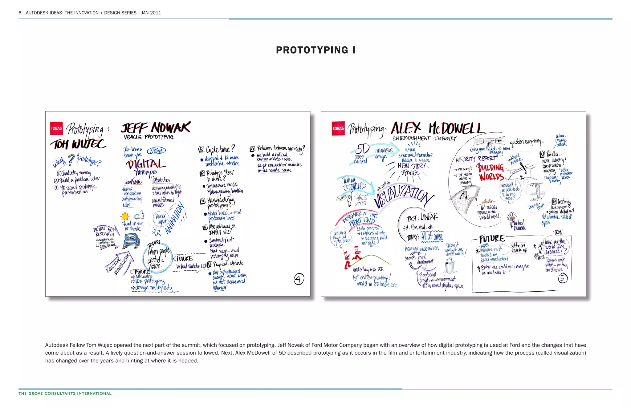 6­—AUTODESK IDEAS: THE INNOVATION + DESIGN SERIES—JAN 2011
PROTOTYPING I
Autodesk Fellow Tom Wujec opened the next part of the summit, which focused on prototyping. Jeff Nowak of Ford Motor Company began with an overview of how digital prototyping is used at Ford and the changes that have
come about as a result. A lively question-and-answer session followed. Next, Alex McDowell of 5D described prototyping as it occurs in the film and entertainment industry, indicating how the process (called visualization)
has changed over the years and hinting at where it is headed.
 