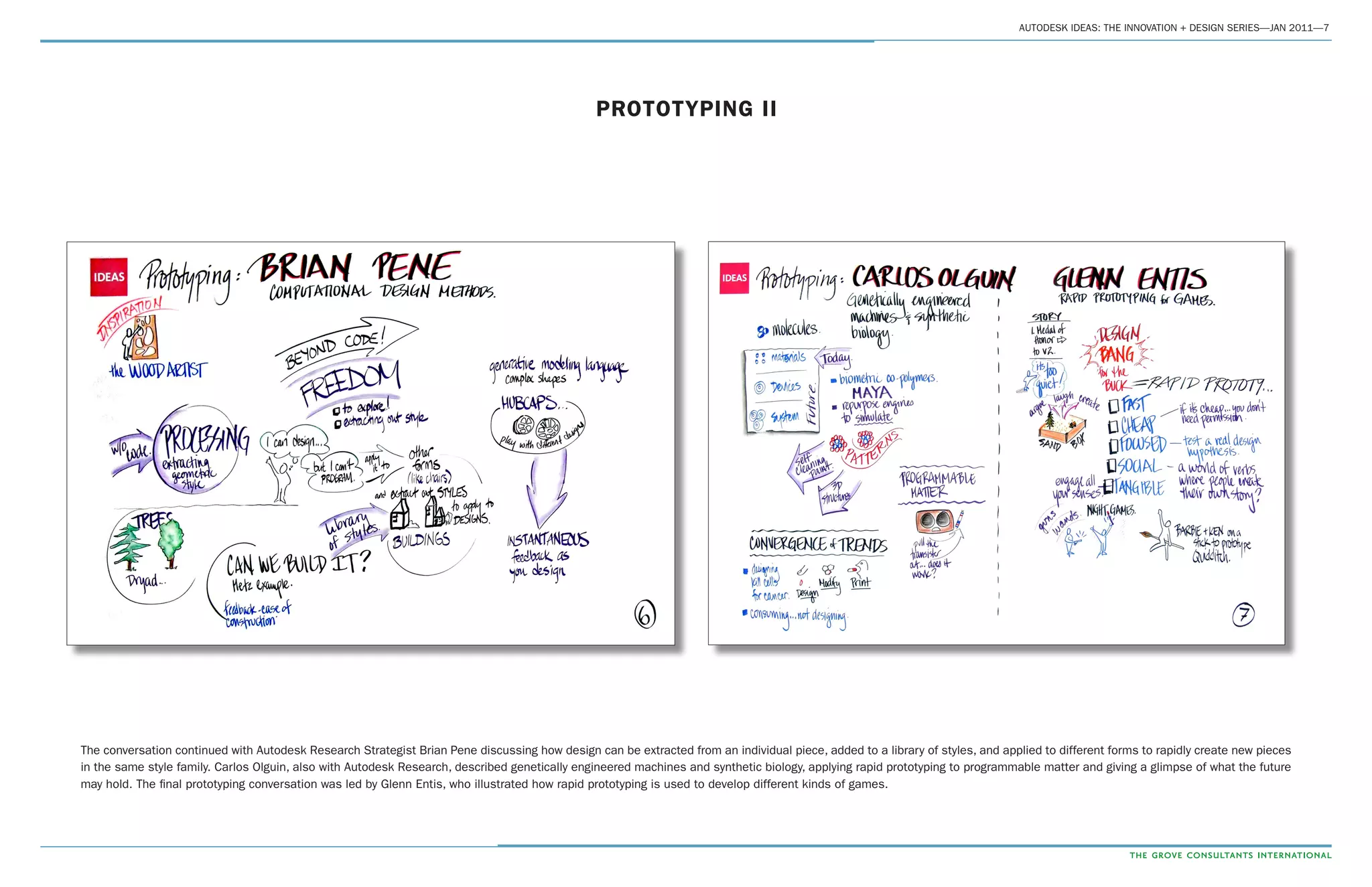 AUTODESK IDEAS: THE INNOVATION + DESIGN SERIES—JAN 2011—7
PROTOTYPING II
The conversation continued with Autodesk Research Strategist Brian Pene discussing how design can be extracted from an individual piece, added to a library of styles, and applied to different forms to rapidly create new pieces
in the same style family. Carlos Olguin, also with Autodesk Research, described genetically engineered machines and synthetic biology, applying rapid prototyping to programmable matter and giving a glimpse of what the future
may hold. The final prototyping conversation was led by Glenn Entis, who illustrated how rapid prototyping is used to develop different kinds of games.
 