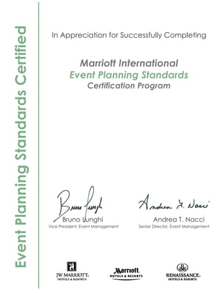 Bruno Lunghi Andrea T. Nacci
Vice President, Event Management Senior Director, Event Management
In Appreciation for Successfully Completing
Marriott International
Event Planning Standards
Certification Program
EventPlanningStandardsCertified
Ali Abu-shaweesh
10/18/2014
 