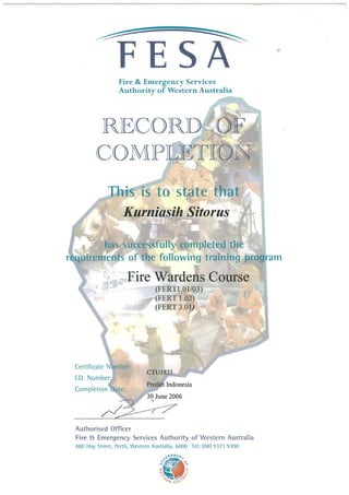 Certificate Fire Warden Course-ID No. CTU 1831