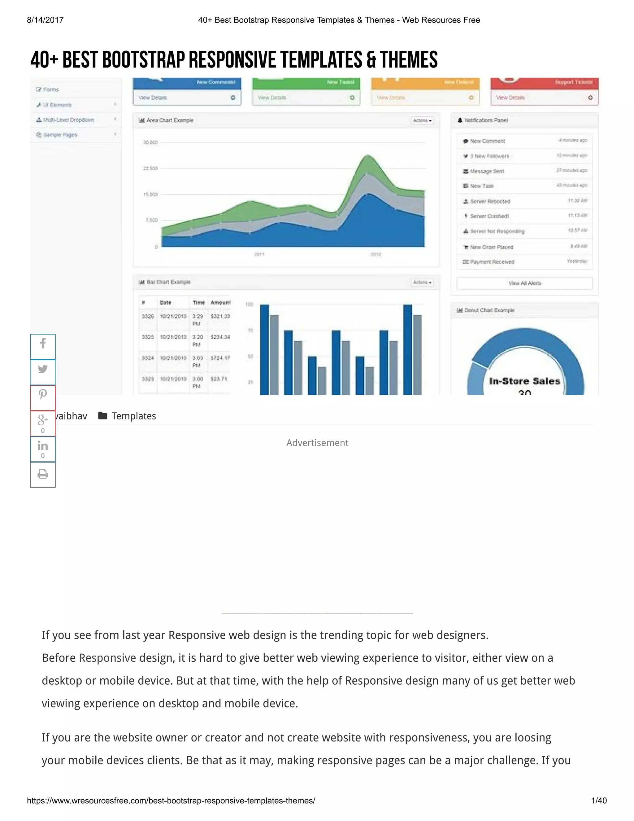8/14/2017 40+ Best Bootstrap Responsive Templates & Themes - Web Resources Free
https://www.wresourcesfree.com/best-bootstrap-responsive-templates-themes/ 1/40
40+BestBootstrapResponsiveTemplates&Themes
 vaibhav  Templates
Advertisement
If you see from last year Responsive web design is the trending topic for web designers.
Before Responsive design, it is hard to give better web viewing experience to visitor, either view on a
desktop or mobile device. But at that time, with the help of Responsive design many of us get better web
viewing experience on desktop and mobile device.
If you are the website owner or creator and not create website with responsiveness, you are loosing
your mobile devices clients. Be that as it may, making responsive pages can be a major challenge. If you
*T&Capply.
Replay




0

0

 